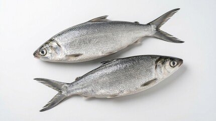 Obraz premium Two freshly caught silver fish, possibly Milkfish, arranged neatly on a pristine white background, perfect for seafood and culinary themes