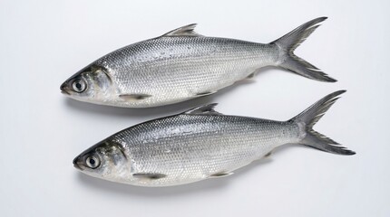 Obraz premium Two fresh, uncooked silver fish on a plain white background, ready for culinary preparation