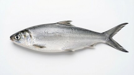 Fototapeta premium A shiny fish lies on a clean surface with its fins spread.