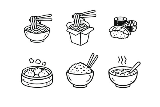 Asian Food Line Art Icon Set with Ramen Sushi and Dim Sum