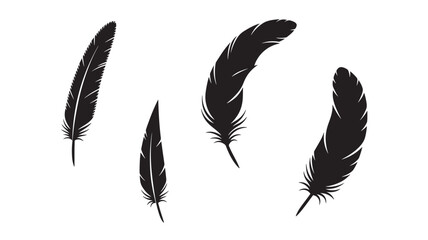 Feathers black silhouette set of four different styles arranged in a dynamic composition on white background for graphic design elements