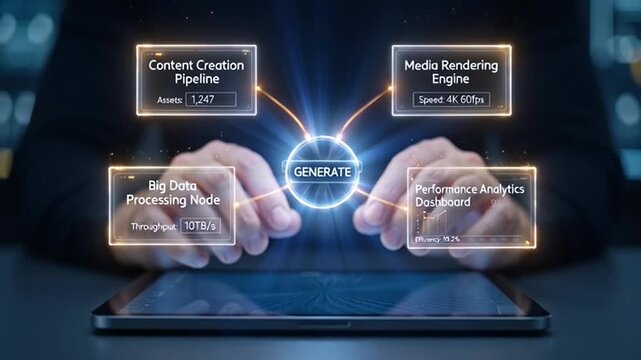 Hands using a tablet with a glowing 'GENERATE' button activating a futuristic interface, symbolizing digital creation and innovation in technology and business.