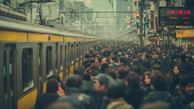 Crowded Tokyo Subway Platform: Commuters Waiting for Train During Rush Hour, Urban Commute, Japan.