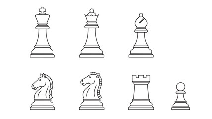 Chess pieces icons with king, queen, bishop, knight, rook, and pawn in a clean line art style on a white background. © TAIFUR
