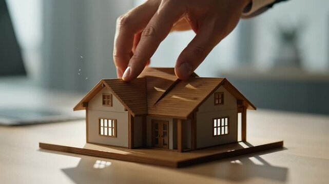 Man's hand hovering over a detailed architectural model of a house, symbolizing decision-making, investment, or planning in real estate.