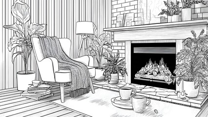 Fototapeta premium Cozy Interior Living Room with Fireplace and Houseplants Line Art Illustration