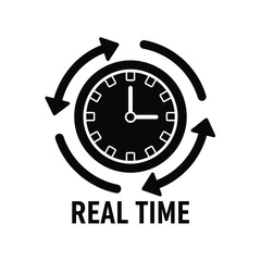 Fototapeta premium A black and white graphic depicts a clock face encircled by rotating arrows with the text real time displayed below high quality professional detailed