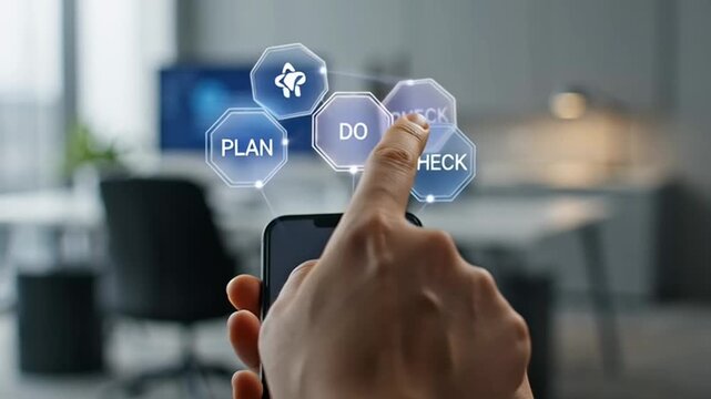 Person using smartphone with holographic "Plan, Do, Check" cycle icons overlaid, representing project management and business process improvement in an office setting.