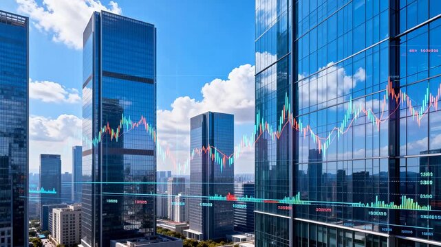 Modern skyscrapers with financial data overlay