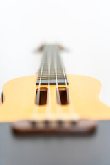 Obraz premium Close-up of a ukulele with blurred background, showcasing wooden body and strings, ideal for music