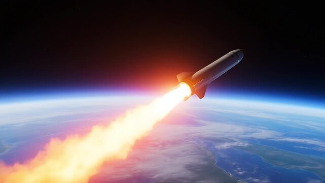 A rocket soaring through space, leaving a trail of fire and smoke as it ascends above earth. The image evokes a sense of wonder and the boundless possibilities of space exploration