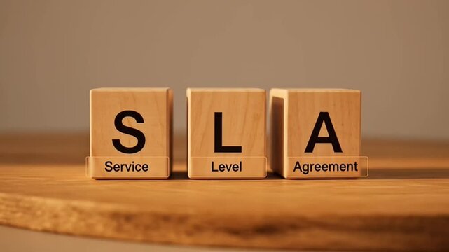 Three wooden blocks spell out 'SLA' (Service Level Agreement) on a wooden surface, representing business commitment and contract fulfillment in a professional setting.