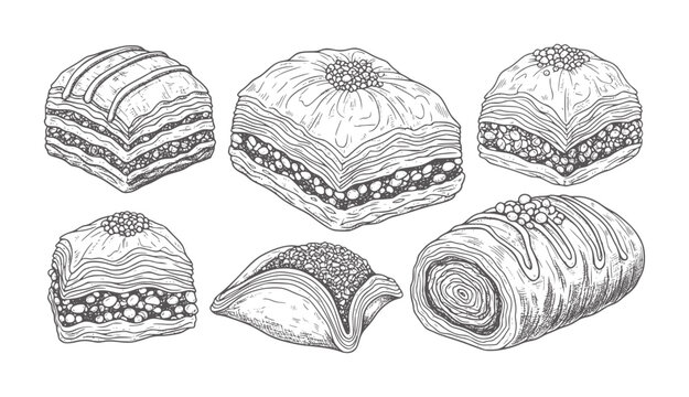 Hand drawn assortment of layered baklava pastries with nuts and syrup pastry dessert