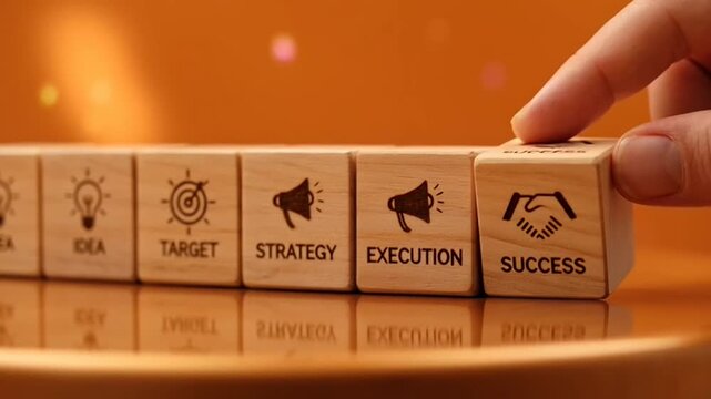 Business success achieved through strategic planning and execution, starting with idea generation and target setting, symbolized by wooden blocks.