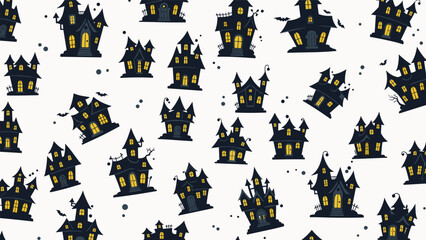 Seamless pattern featuring dark haunted houses with yellow glowing windows and bats on light background for halloween.
