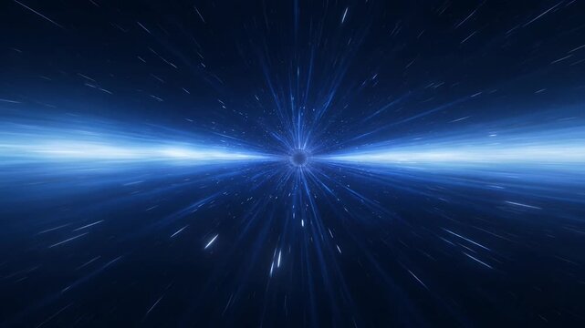 Abstract hyperdrive space travel through a blue wormhole light tunnel