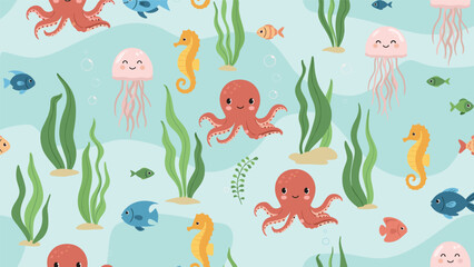 Obraz premium Adorable seamless sea life pattern featuring smiling octopuses, seahorses, jellyfish, and colorful fish among green seaweed.