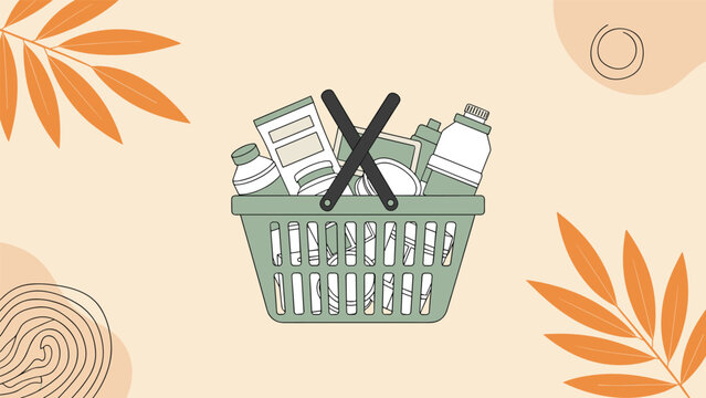 Green shopping basket filled with various hygiene and personal care products like shampoo and soap against a soft autumnal background.