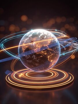 A futuristic glowing Earth globe surrounded by abstract data lines and rings, symbolizing global connectivity and technology.