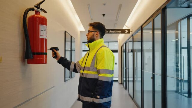 Safety Inspector Inspecting Fire Suppression System in Modern Office Building with Portable Heat Detector