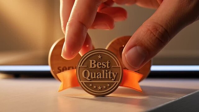 Close-up of a hand holding a 'Best Quality' medal, symbolizing excellent customer service and competitive pricing as key business differentiators.