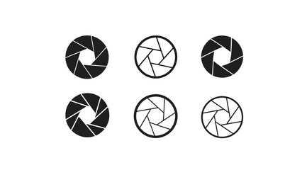 Collection of six camera aperture icons in different styles showing various blade configurations and lens opening sizes on white.