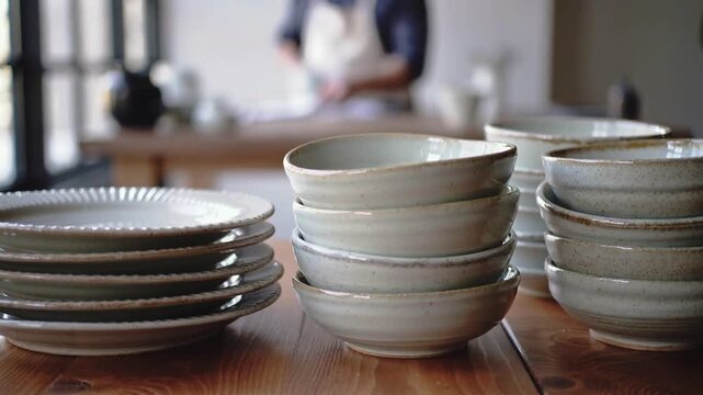 Stacked Ceramic Plates and Bowls on Wooden Table with Blurred Background dishware