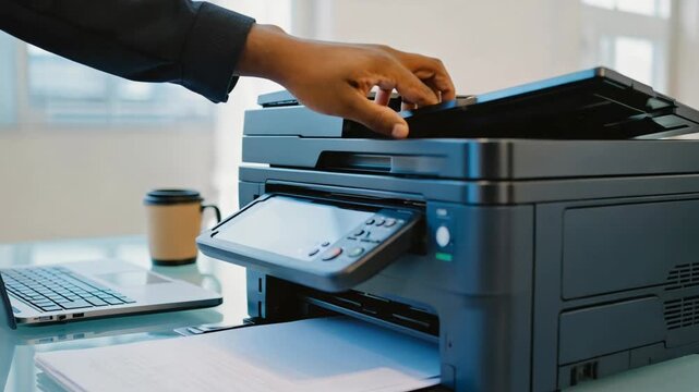 Business professional retrieves printed documents from office printer on desk, showcasing productivity and modern workspace.