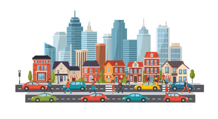 Fototapeta premium Urban Cityscape with Buildings, Cars, and Pedestrians Crossing Street