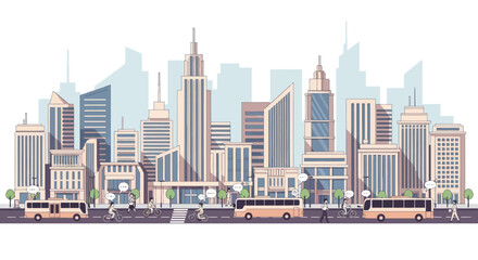 Modern Cityscape with Buses and Pedestrians, Flat Design Illustration © Arif