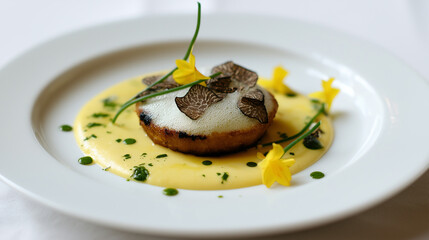 Michelin star dining, Creamy corn base with black truffle espuma and chive oil simple ingredients elevated through technique