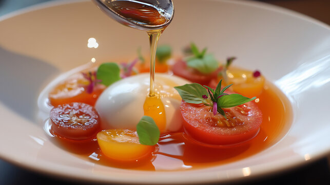 Michelin star dining, Crystal-clear tomato consomm&eacute; poured over burrata mousse, basil oil droplets, and heirloom tomato concass&eacute;