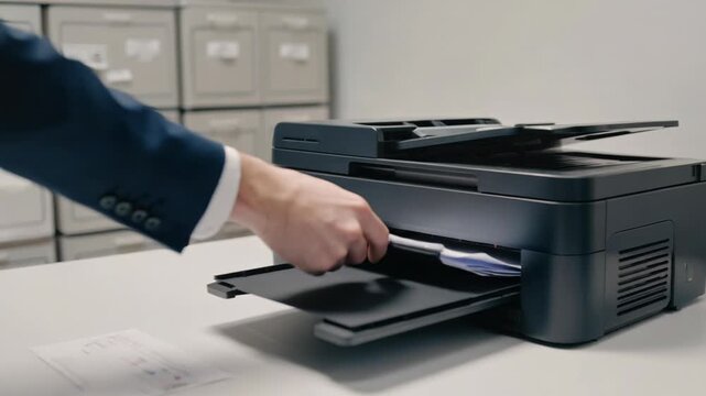 Business professional retrieves printed document from modern office printer, demonstrating workflow and productivity in a contemporary workplace.