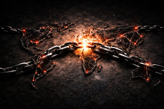 Breaking chain across world map symbolizing global conflict war disruption geopolitical crisis and international instability high resolution photo