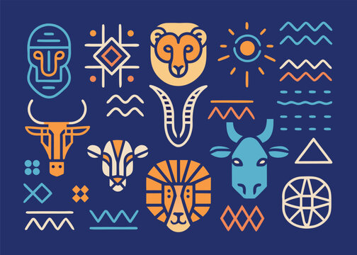 Eleven geometric animal head illustrations and several abstract tribal symbols including a sun and wave patterns are arranged on a dark blue background.