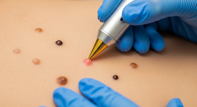 Dermatologist Using Laser Pen to Remove Mole from Skin, Close-up Detail