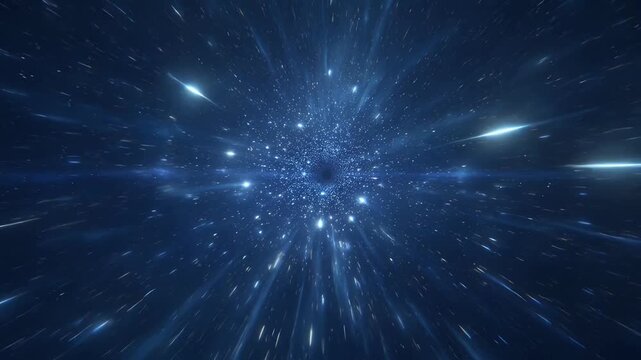 Abstract cosmic hyperspace background with glowing stars, wormhole travel, and blue tunnel