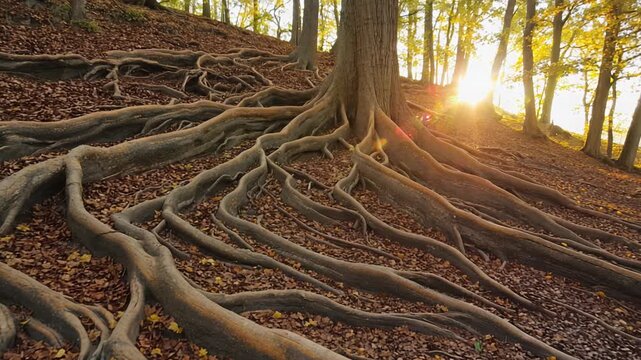 Exposed Tree Roots on Forest Floor, Intricate Root System, Woodland Landscape, Autumn Season, Detailed Nature Photography