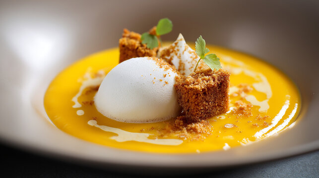 Michelin star dining, velvety pumpkin soup topped with milk foam, crushed amaretti biscuit, and nutmeg sweet-savoury harmony