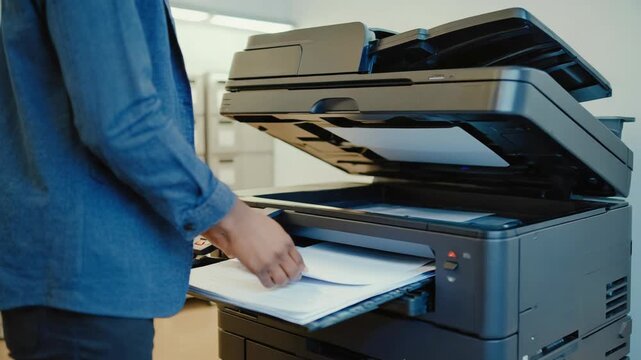 Man retrieves documents from office printer, showing business paperwork workflow in modern workspace, printing process.