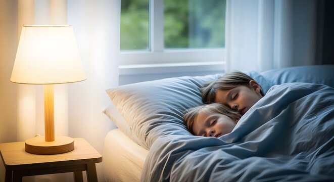 Peaceful siblings sleeping in cozy bedroom with soft lighting
