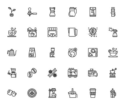 Coffee icon set. Minimal vector icons pack. Includes coffee maker, espresso, latte, barista, beans, grinder, french press and more. Editable stroke.
