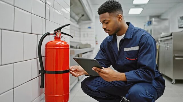 Maintenance worker inspecting fire safety equipment with tablet, checking compliance in industrial setting, safety inspection.