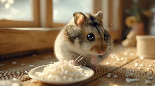 A cute small hamster sitting on a wooden table eating rice grains from a tiny white plate, holding the rice with its little paws and chewing happily, crumbs around the plate