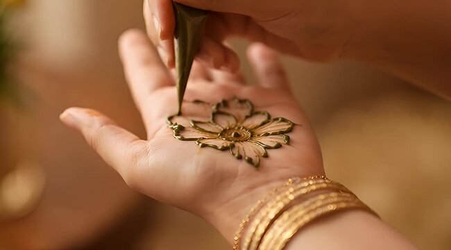 Closeup of henna being applied to the hand in a floral design