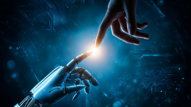 Human and Robot Connection. AI, Technology, and the Future of Interaction. a human hand touching a robot's hand, representing the merging of humanity and artificial intelligence with a glowing spark.