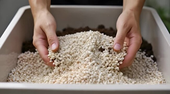 Hands adding perlite to soil in a container for plant cultivation