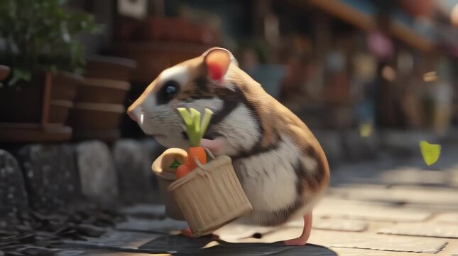 A cute hamster walking on a small street while carrying tiny grocery shopping bags in both paws, vegetables and bread visible in the bags, determined little steps