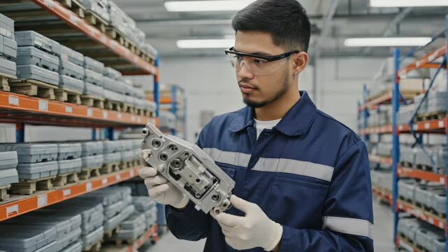 Manufacturing Quality Control: Engineer Inspecting Automotive Component with Gloves in Factory Setting.