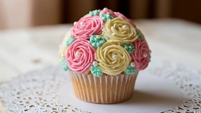 Beautifully decorated cupcake with floral icing design on a lace doily, soft background ambiance